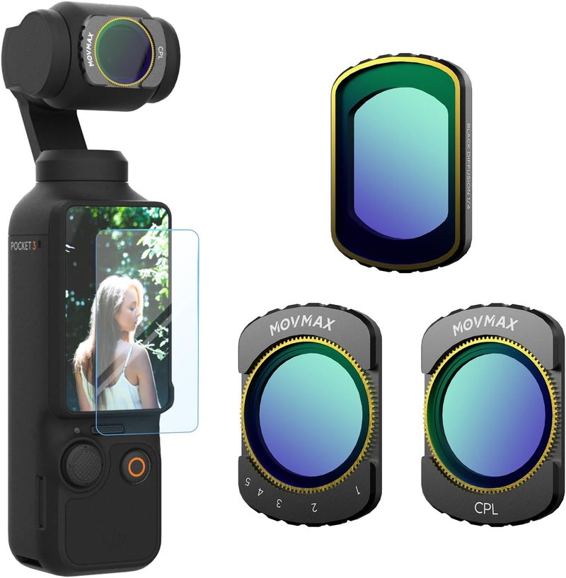 Movmax Magnetic Filter Kit Comptible with DJI Osmo Pocket 3 Creator Combo Accessories,3 Pack Variable ND2-32 & CPL,Black Diffusion 1/4 Effect Filter with 1 Screen Protector - Image 1